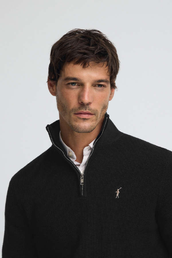 Polo Club - Hombre - Zwarte Trui Met Halve Rits, Wafelstructuur En Geborduurd Rigby Go-Logo - L