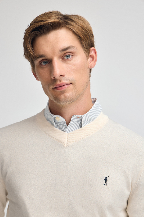 Polo Club - Hombre - Gebroken Witte Trui Van Wolmix Met V-Hals En Geborduurd Rigby Go-Logo - L