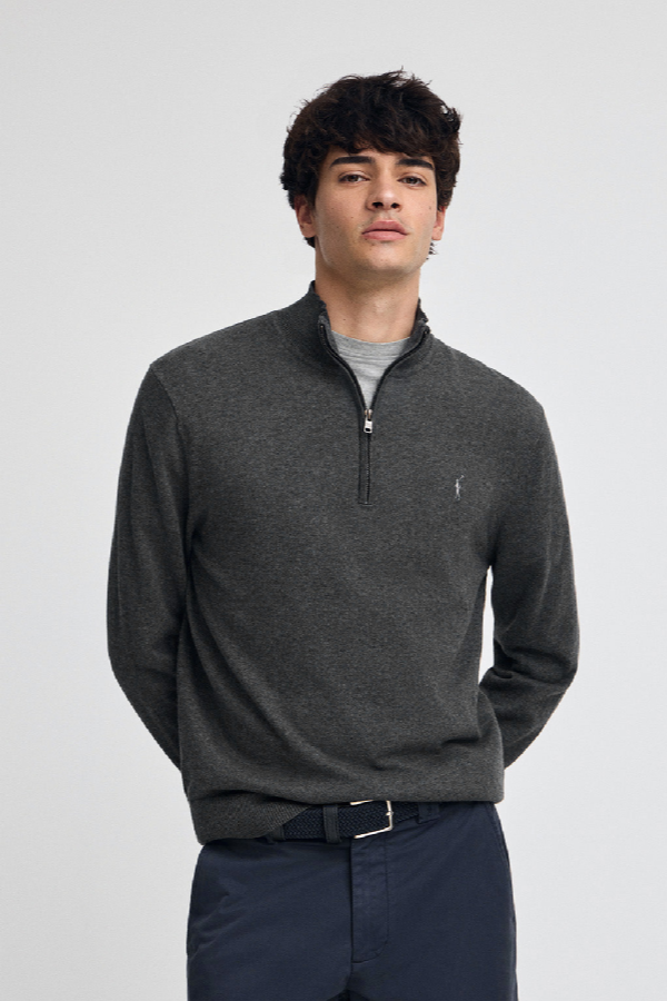 Polo Club - Hombre - Gemêleerd Donkergrijze Katoenen Trui Met Halve Rits En Geborduurd Rigby Go-Logo - 3xl